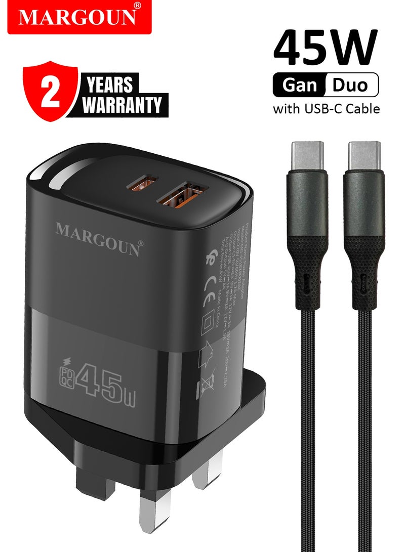 MARGOUN 45W Power Adapter Duo, Dual USB-C & USB-A Ports, PD & QC Super Fast Charging With Cable Type-C for Apple iPhone 15/16/17 Series Black - Image 1
