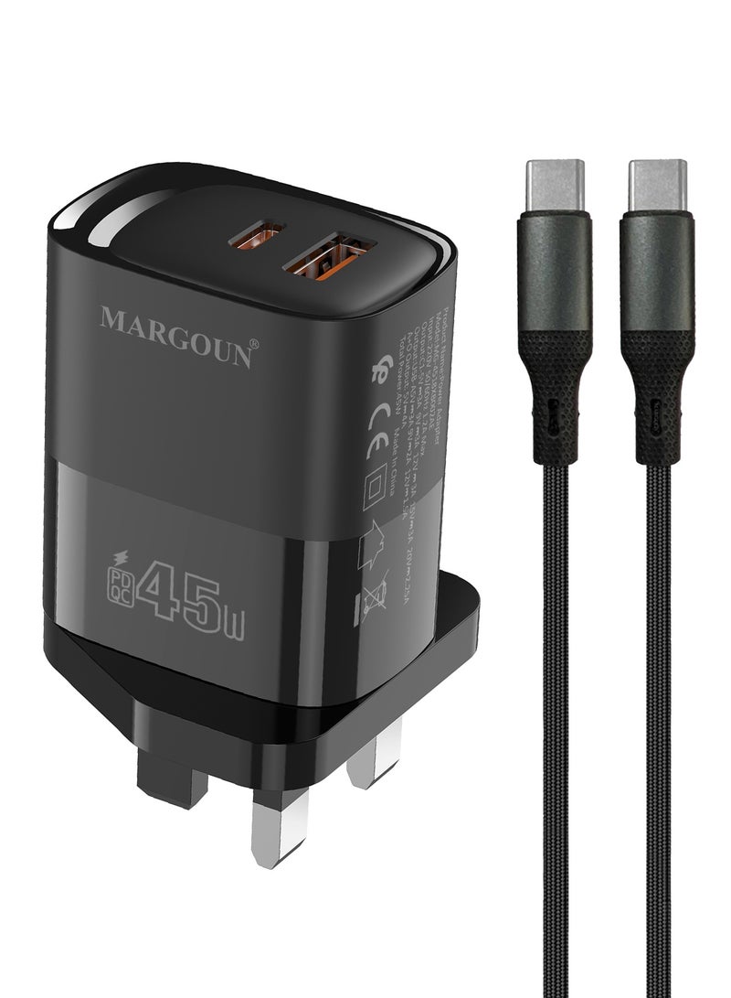 MARGOUN 45W Power Adapter Duo, Dual USB-C & USB-A Ports, PD & QC Super Fast Charging With Cable Type-C for Apple iPhone 15/16/17 Series Black - Image 2