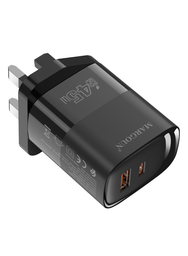 MARGOUN 45W Power Adapter Duo, Dual USB-C & USB-A Ports, PD & QC Super Fast Charging With Cable Type-C for Apple iPhone 15/16/17 Series Black - Image 4
