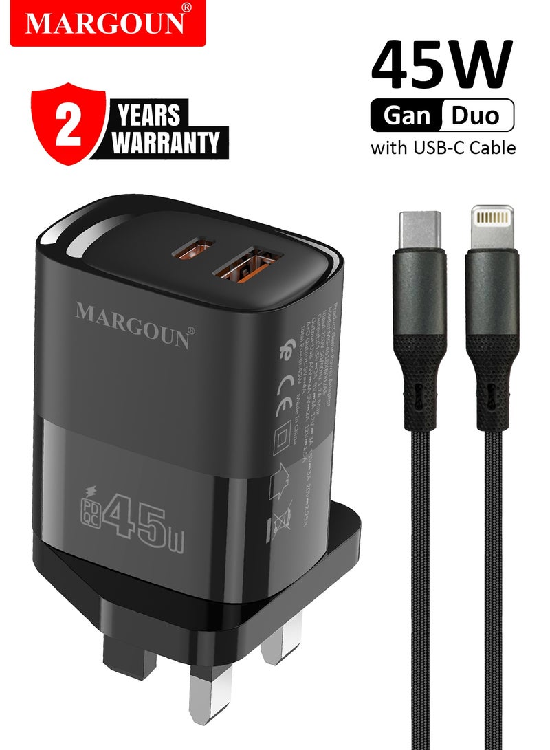MARGOUN 45W Power Adapter Duo, Dual USB-C & USB-A Ports, PD & QC Super Fast Charging With Cable Type-C for iPhone XS/11/12/13/14 Series Black - Image 1