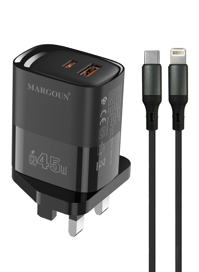 MARGOUN 45W Power Adapter Duo, Dual USB-C & USB-A Ports, PD & QC Super Fast Charging With Cable Type-C for iPhone XS/11/12/13/14 Series Black - Image 2