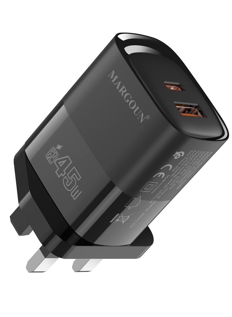 MARGOUN 45W Power Adapter Duo, Dual USB-C & USB-A Ports, PD & QC Super Fast Charging With Cable Type-C for iPhone XS/11/12/13/14 Series Black - Image 3