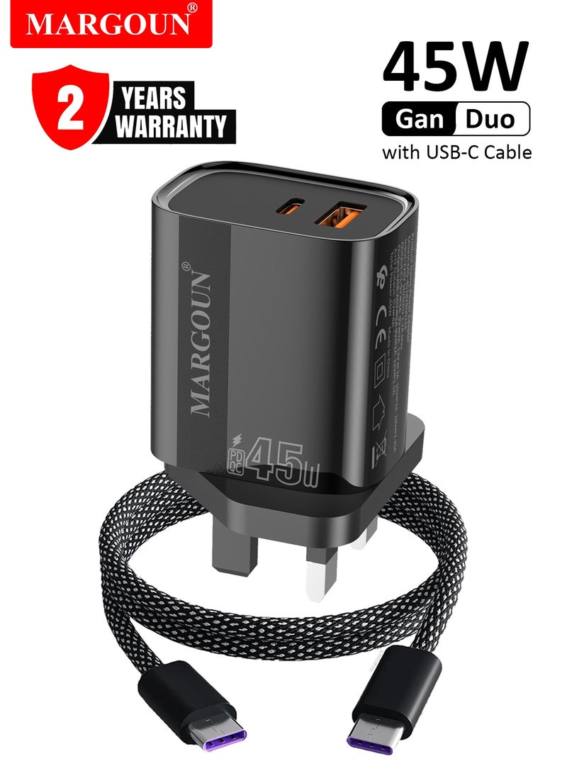 MARGOUN 45W Power Adapter Duo, Dual USB-C & USB-A Ports, PD & QC Super Fast Charging With Cable Type-C for Samsung Galaxy S23/S24/S25 Series Black - Image 1
