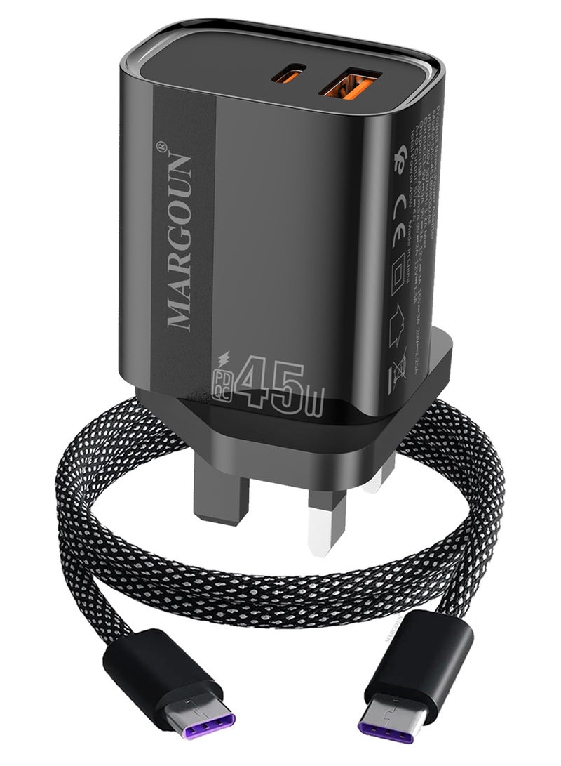 MARGOUN 45W Power Adapter Duo, Dual USB-C & USB-A Ports, PD & QC Super Fast Charging With Cable Type-C for Samsung Galaxy S23/S24/S25 Series Black - Image 2