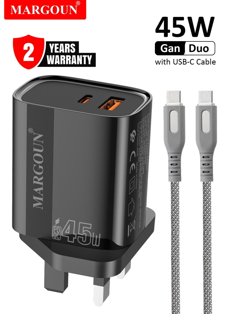 MARGOUN 45W Power Adapter Duo, Dual USB-C & USB-A Ports, PD & QC Super Fast Charging With Cable Type-C for Oneplus 10/11/12/13/14 Series Black - Image 1