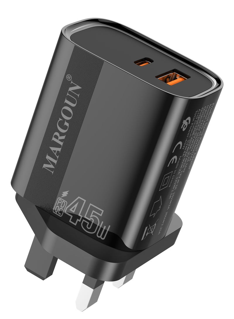 مارجون 45W Power Adapter Duo, Dual USB-C & USB-A Ports, PD & QC Super Fast Charging With Cable Type-C for Samsung Galaxy S23/S24/S25 Series Black - Image 4
