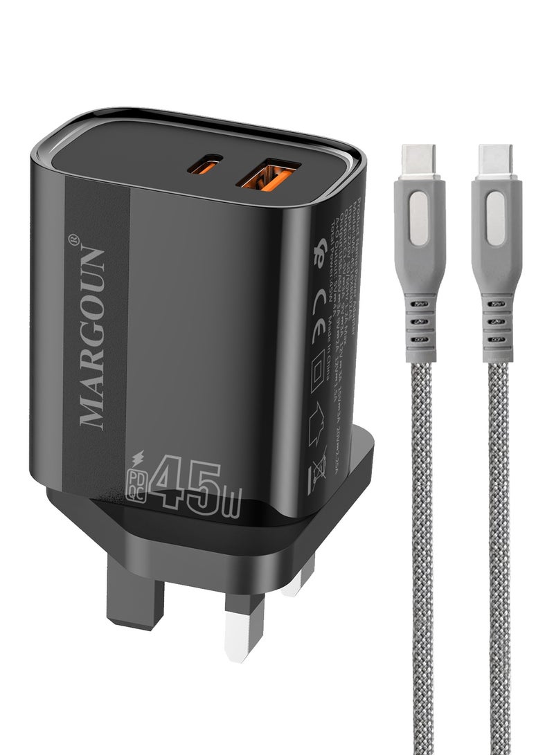 مارجون 45W Power Adapter Duo, Dual USB-C & USB-A Ports, PD & QC Super Fast Charging With Cable Type-C for Samsung Galaxy S23/S24/S25 Series Black - Image 2