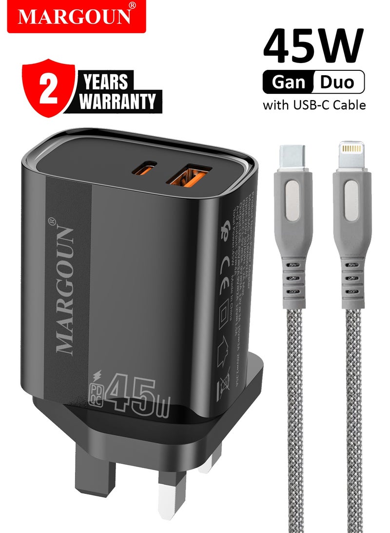 مارجون 45W Power Adapter Duo, Dual USB-C & USB-A Ports, PD & QC Super Fast Charging With Cable Type-C for iPhone XS/11/12/13/14 Series Black - Image 1