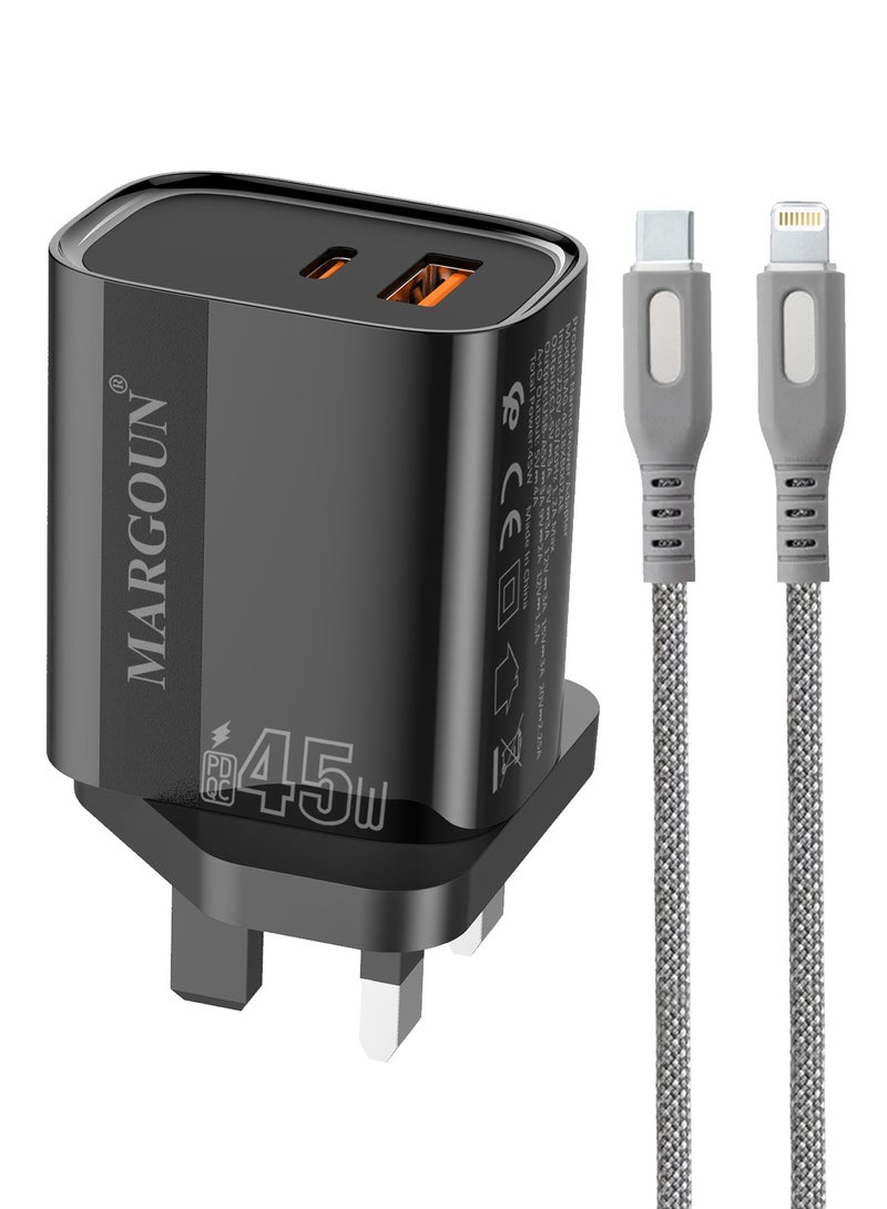 مارجون 45W Power Adapter Duo, Dual USB-C & USB-A Ports, PD & QC Super Fast Charging With Cable Type-C for iPhone XS/11/12/13/14 Series Black - Image 2