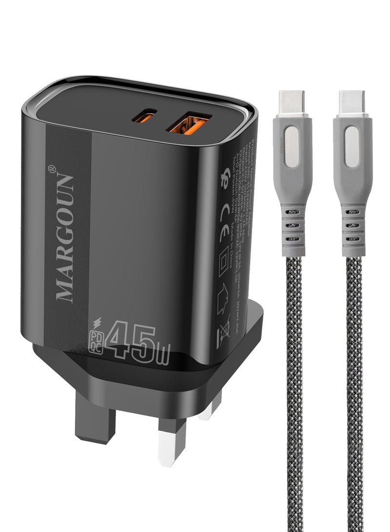 MARGOUN 45W Power Adapter Duo, Dual USB-C & USB-A Ports, PD & QC Super Fast Charging With Cable Type-C for Xiaomi 13/14/15 Series Black - Image 2