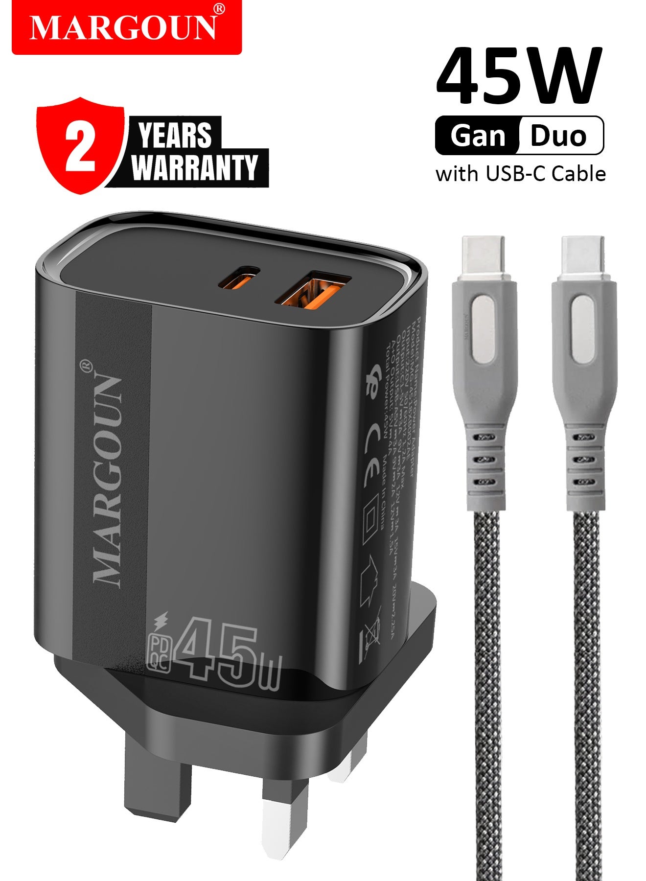 45W Power Adapter Duo, Dual USB-C & USB-A Ports, PD & QC Super Fast Charging With Cable Type-C for Google Pixel 7/8/9 Series Black