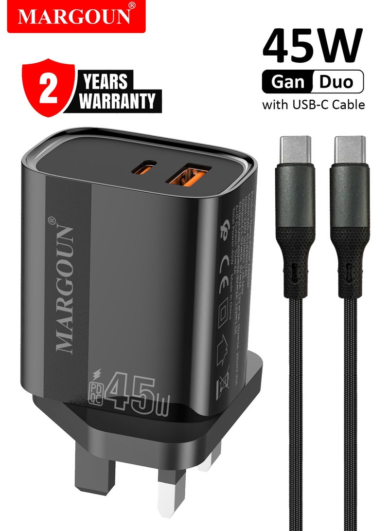 مارجون 45W Power Adapter Duo, Dual USB-C & USB-A Ports, PD & QC Super Fast Charging With Cable Type-C for Samsung Galaxy S23/S24/S25 Series Black - Image 1