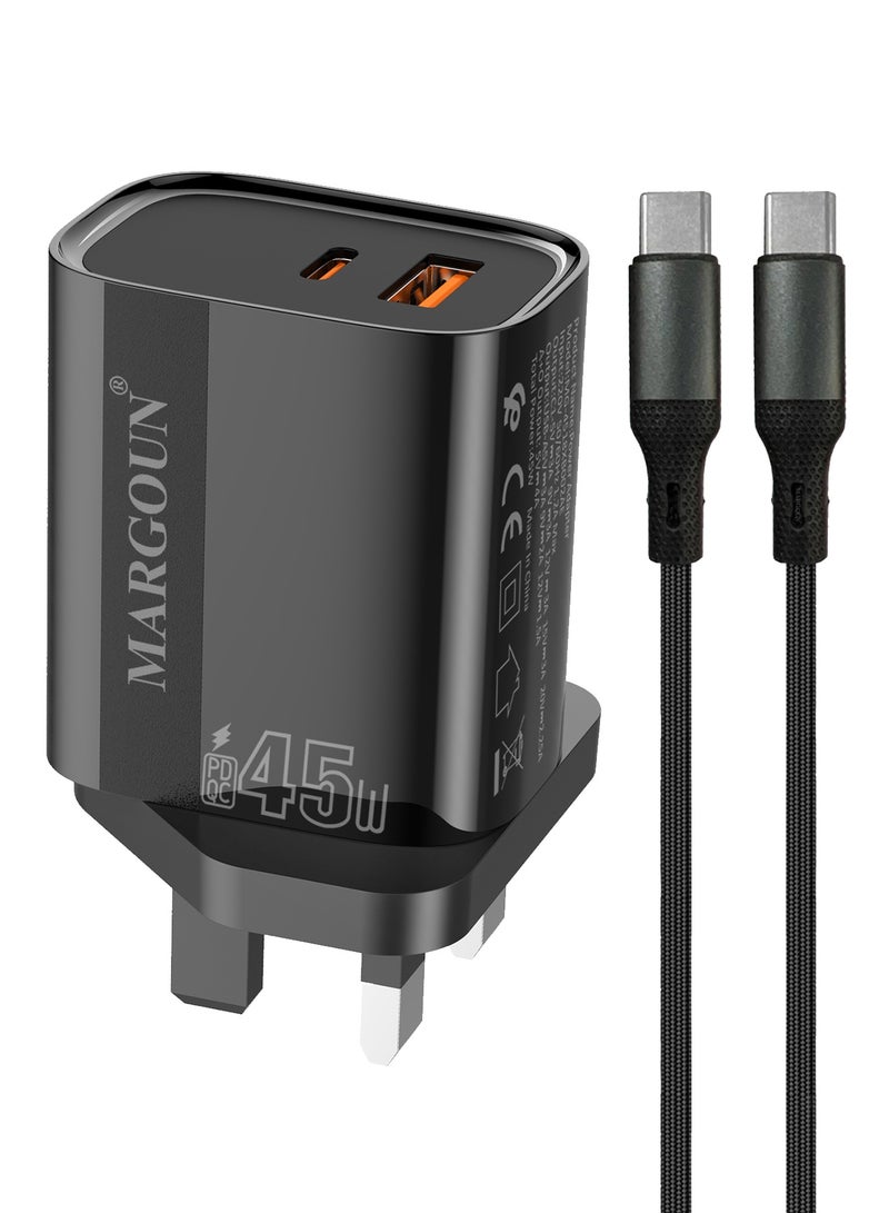 مارجون 45W Power Adapter Duo, Dual USB-C & USB-A Ports, PD & QC Super Fast Charging With Cable Type-C for Samsung Galaxy S23/S24/S25 Series Black - Image 2