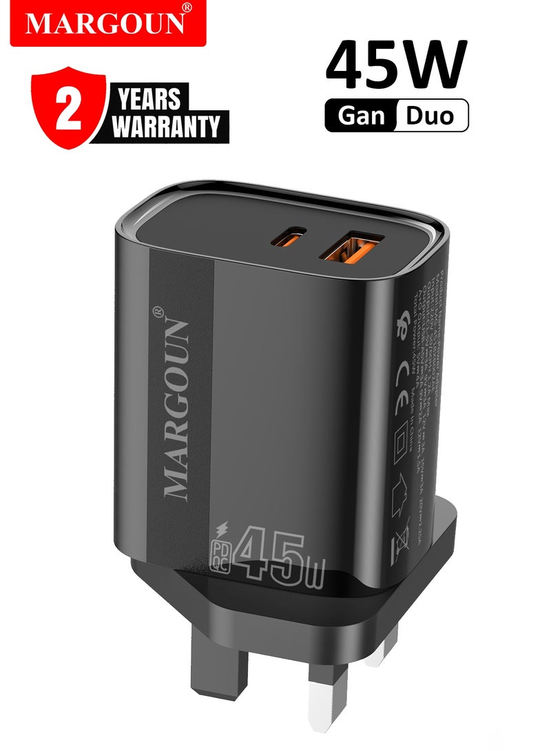 مارجون 45W Power Adapter Duo, Dual USB-C & USB-A Ports, PD & QC Super Fast Charging With Cable Type-C for Samsung Galaxy S23/S24/S25 Series Black - Image 3