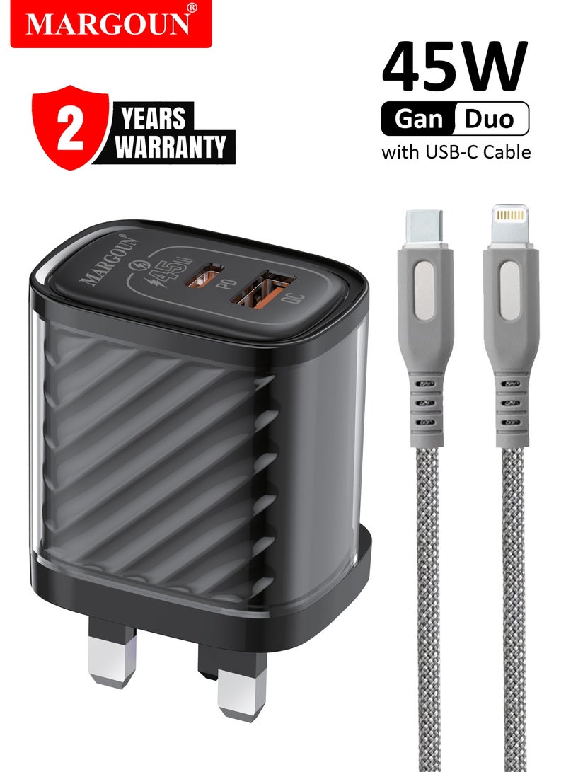 MARGOUN 45W Power Adapter Duo, Dual USB-C & USB-A Ports, PD & QC Super Fast Charging With Cable Type-C for iPhone XS/11/12/13/14 Series Black - Image 1