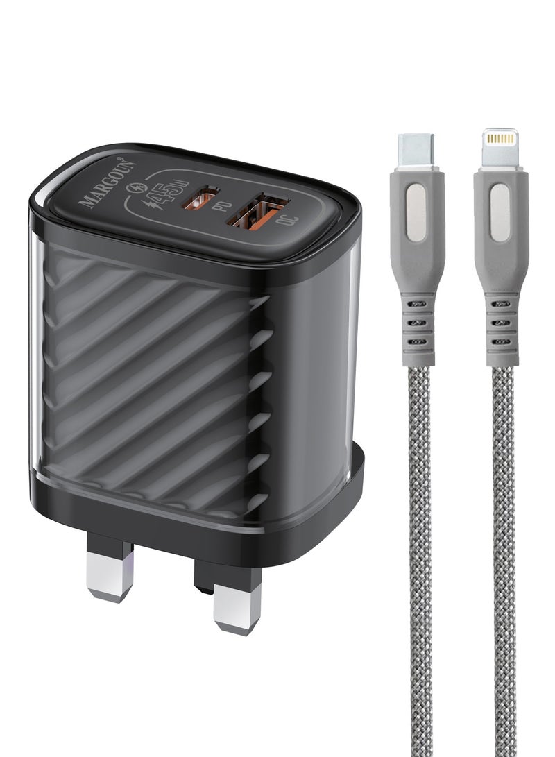 MARGOUN 45W Power Adapter Duo, Dual USB-C & USB-A Ports, PD & QC Super Fast Charging With Cable Type-C for iPhone XS/11/12/13/14 Series Black - Image 2