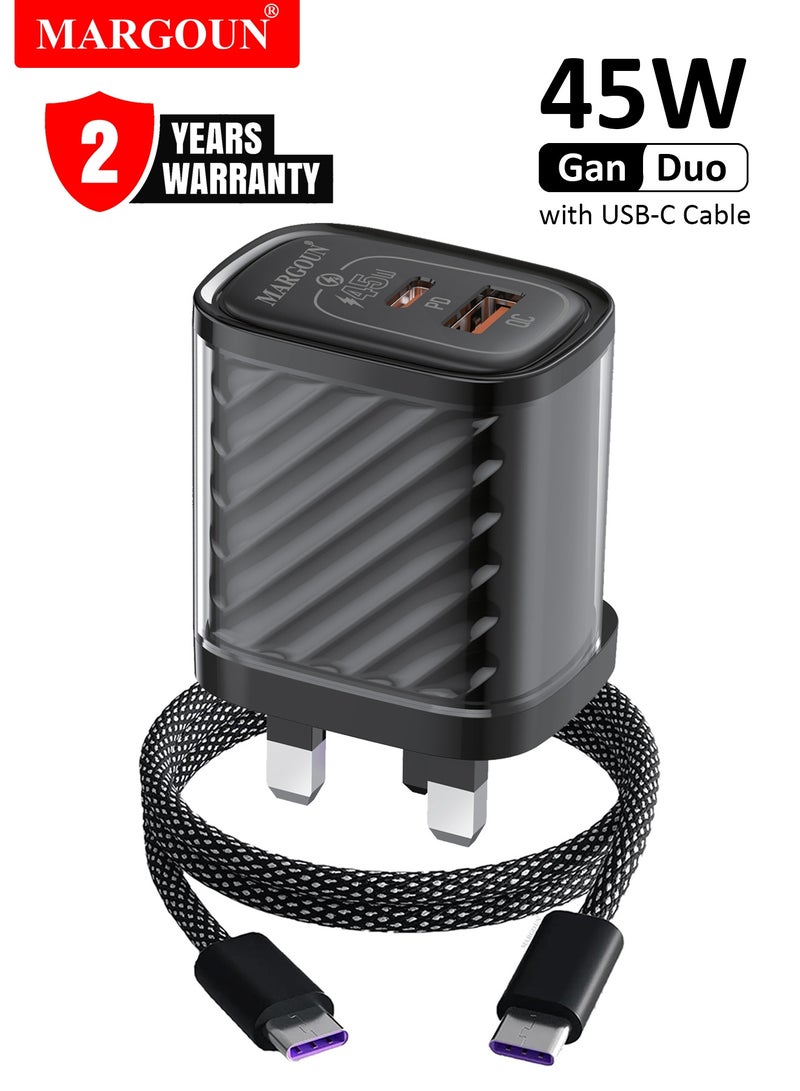 MARGOUN 45W Power Adapter Duo, Dual USB-C & USB-A Ports, PD & QC Super Fast Charging With Cable Type-C for Samsung Galaxy S23/S24/S25 Series Black - Image 1