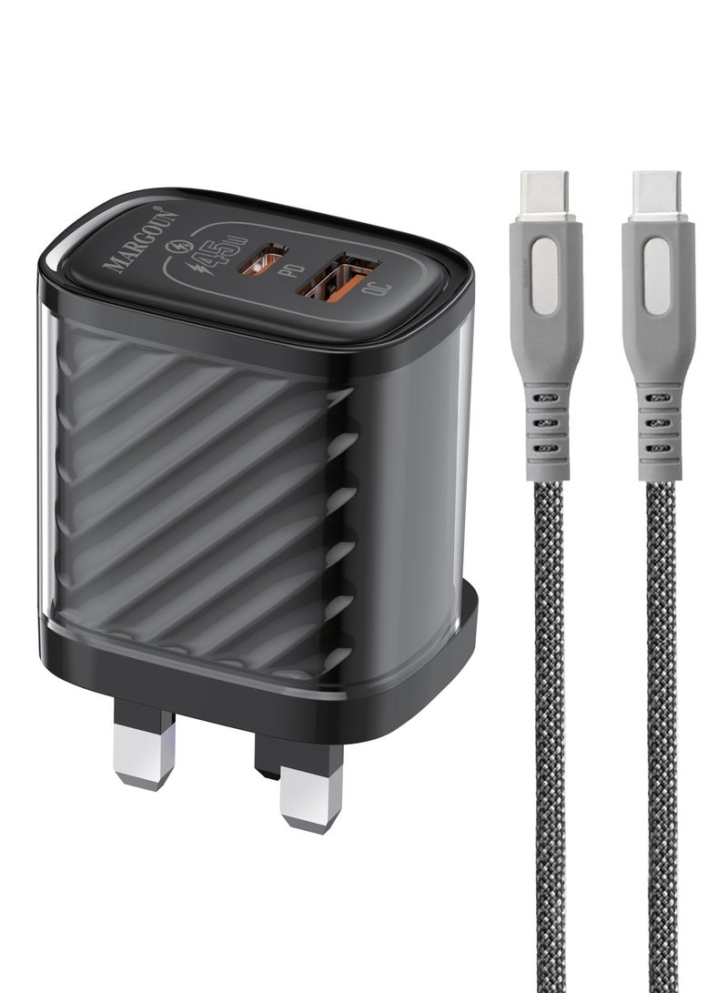 مارجون 45W Power Adapter Duo, Dual USB-C & USB-A Ports, PD & QC Super Fast Charging With Cable Type-C for Google Pixel 7/8/9 Series Black - Image 2