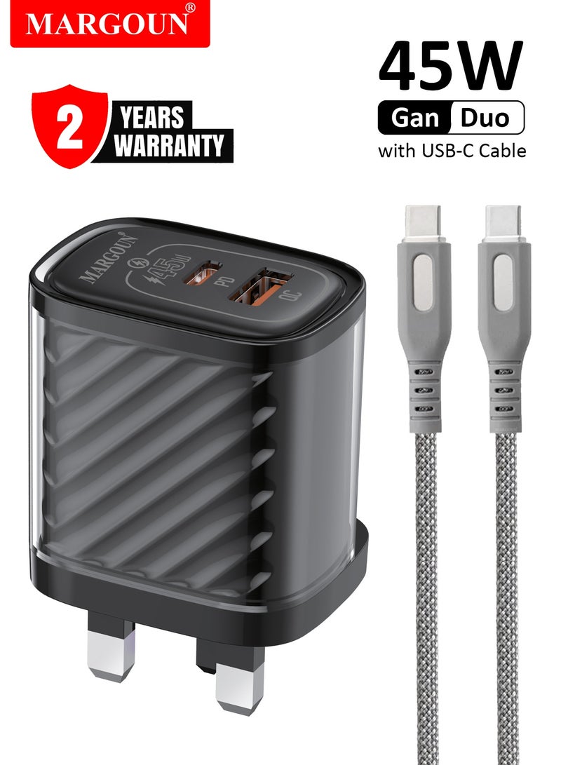 مارجون 45W Power Adapter Duo, Dual USB-C & USB-A Ports, PD & QC Super Fast Charging With Cable Type-C for Samsung Galaxy S23/S24/S25 Series Black - Image 1