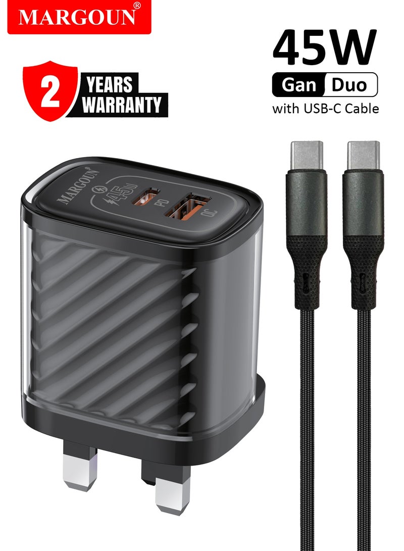 MARGOUN 45W Power Adapter Duo, Dual USB-C & USB-A Ports, PD & QC Super Fast Charging With Cable Type-C for Samsung Galaxy S23/S24/S25 Series Black - Image 1