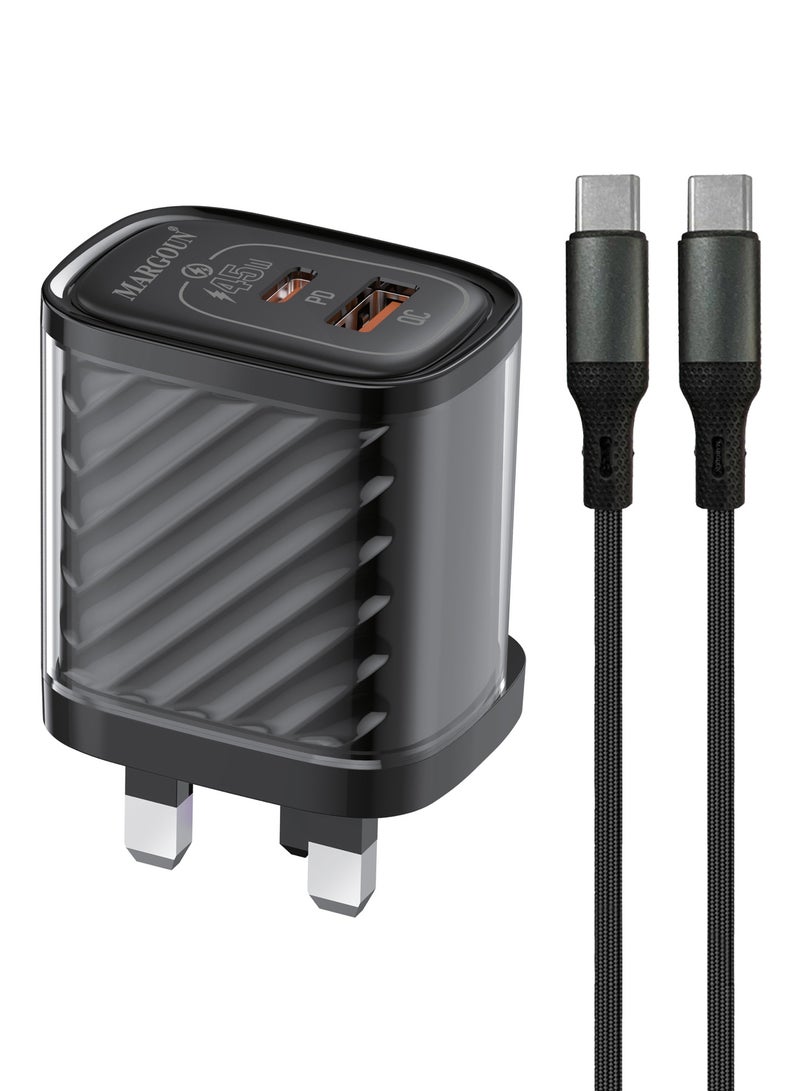 MARGOUN 45W Power Adapter Duo, Dual USB-C & USB-A Ports, PD & QC Super Fast Charging With Cable Type-C for Samsung Galaxy S23/S24/S25 Series Black - Image 2