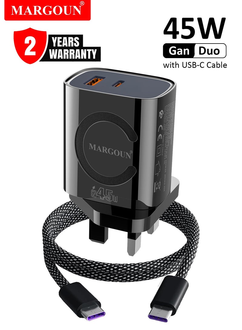 MARGOUN 45W Power Adapter Duo, Dual USB-C & USB-A Ports, PD & QC Super Fast Charging With Cable Type-C for Samsung Galaxy S23/S24/S25 Series Black - Image 1