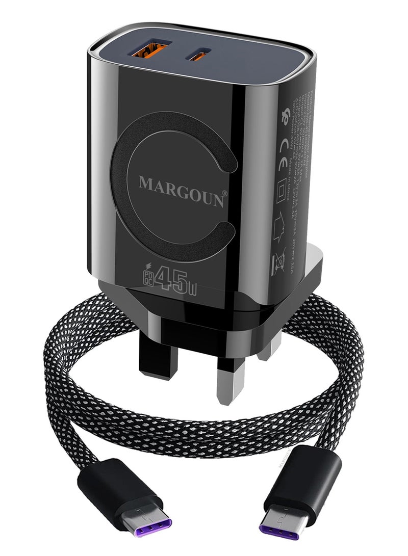 MARGOUN 45W Power Adapter Duo, Dual USB-C & USB-A Ports, PD & QC Super Fast Charging With Cable Type-C for Samsung Galaxy S23/S24/S25 Series Black - Image 2