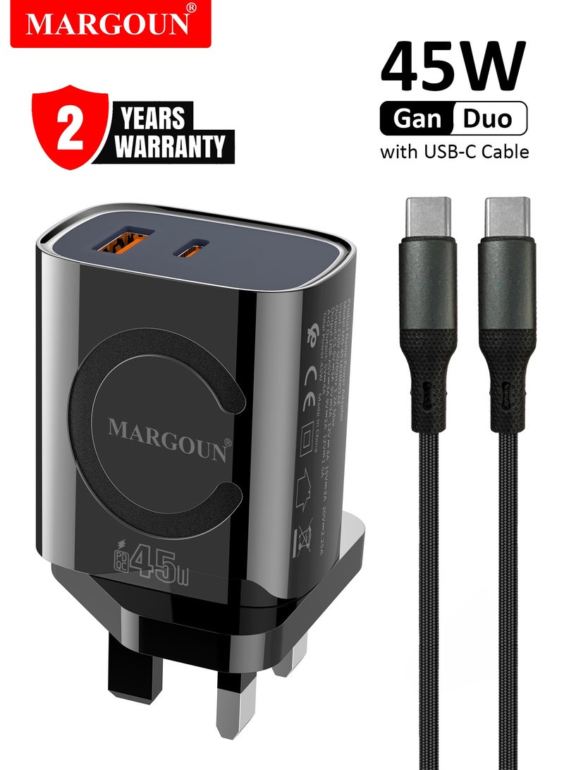 مارجون 45W Power Adapter Duo, Dual USB-C & USB-A Ports, PD & QC Super Fast Charging With Cable Type-C for Apple iPhone 15/16/17 Series Black - Image 1