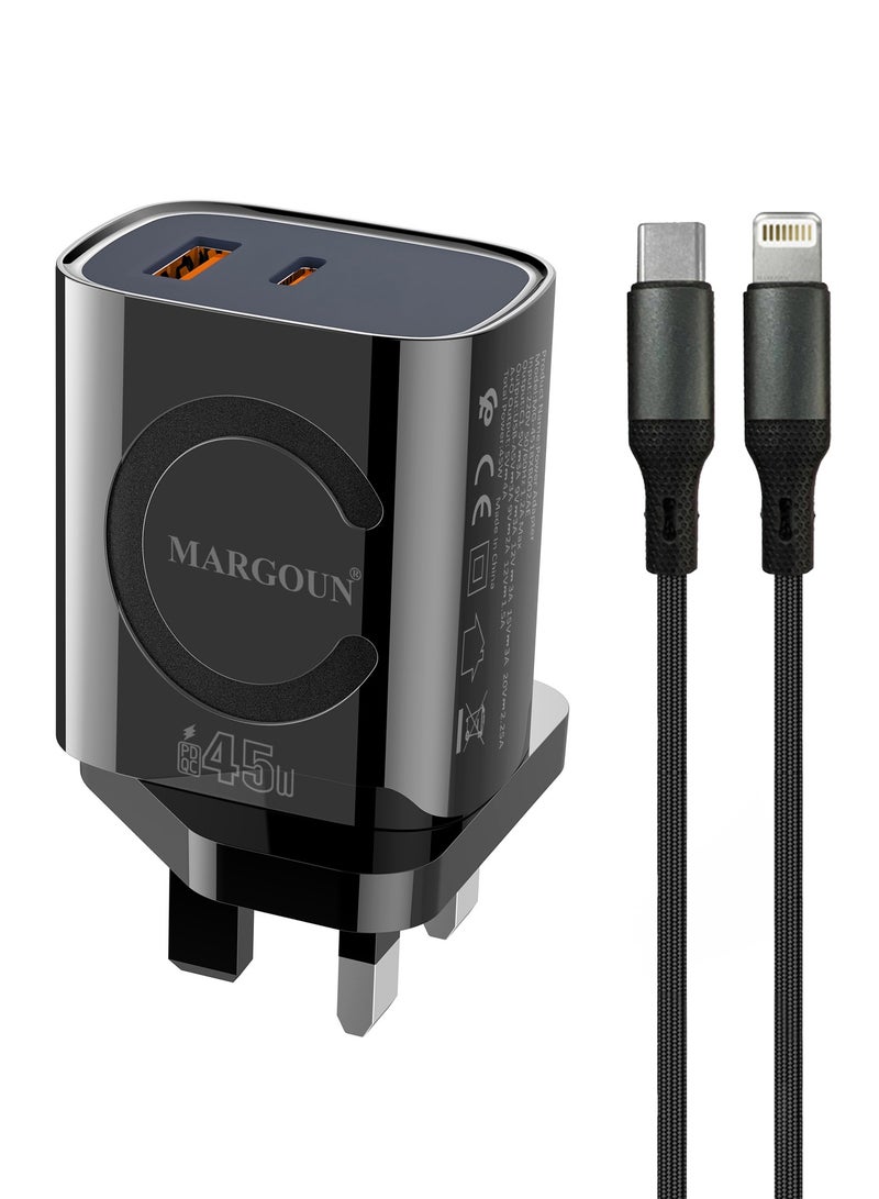 مارجون محول طاقة 45 واط ديو، منفذي USB-C و USB-A مزدوجين، شحن فائق السرعة PD و QC مع كابل Type-C لهواتف iPhone XS/11/12/13/14 - Image 2
