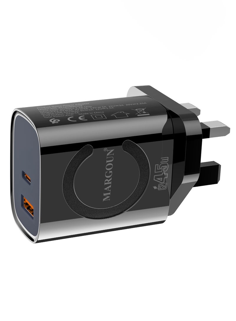 MARGOUN 45W Power Adapter Duo, Dual USB-C & USB-A Ports, PD & QC Super Fast Charging Black - Image 5