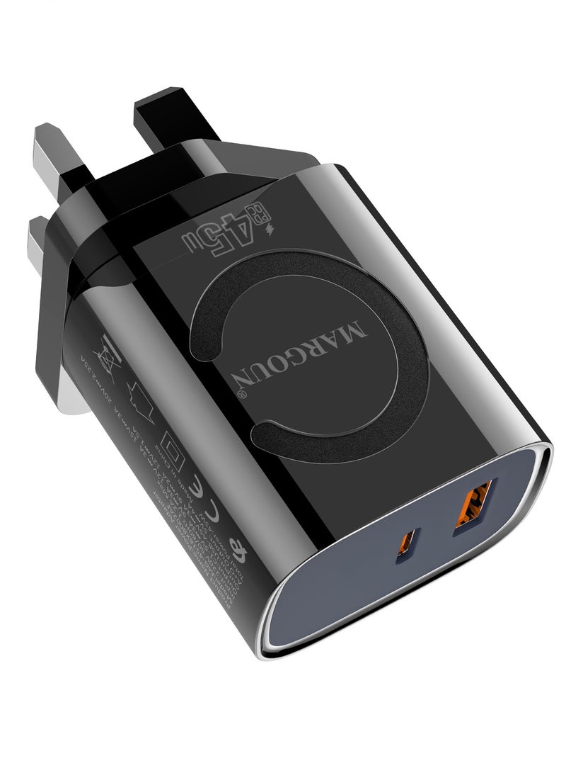 MARGOUN 45W Power Adapter Duo, Dual USB-C & USB-A Ports, PD & QC Super Fast Charging Black - Image 4