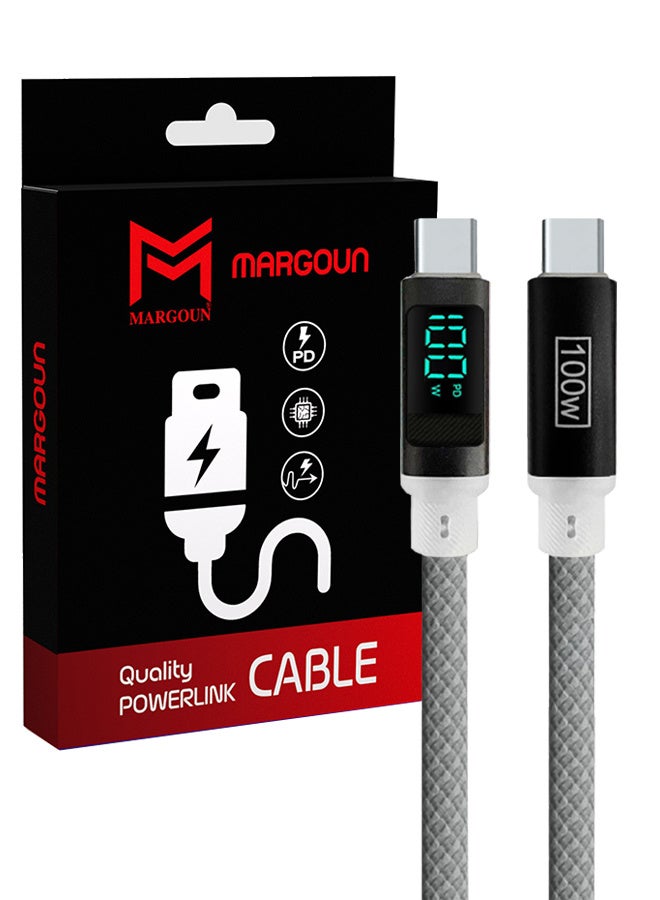 MARGOUN 2Packs 100W Fast Charging Cable USB-C to USB-C Built-in Power Display, PD 3.0 & Durable Braided Design 1M - Light Grey Light Grey-2 - Image 2