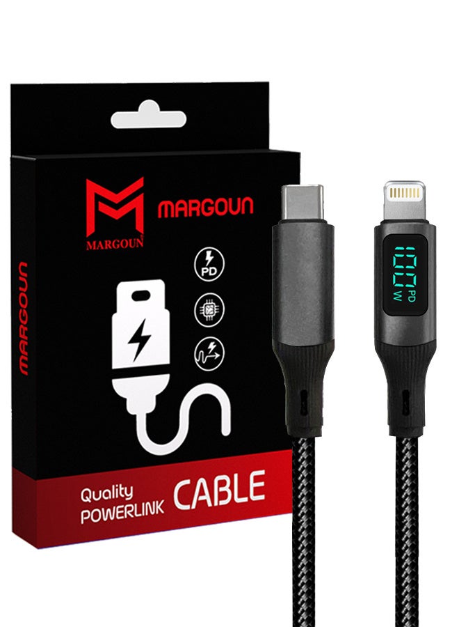 مارجون كابل شحن مغناطيسي USB-C إلى Lightning مع شاشة (1م) - شحن سريع PD ذكي، مراقبة الطاقة في الوقت الحقيقي، تصميم قابل للفصل - أسود - Image 1