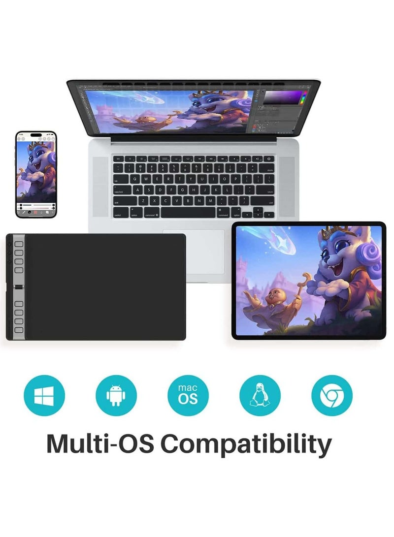 هيون Inspiroy 2 Large Drawing Tablet with Scroll Wheel 3-Set 8 Customized Keys Battery-Free Stylus for Digital Art, Design, Sketch, 10x6inch Graphics Tablet Works with Mac, PC & Mobile, Black - Image 3
