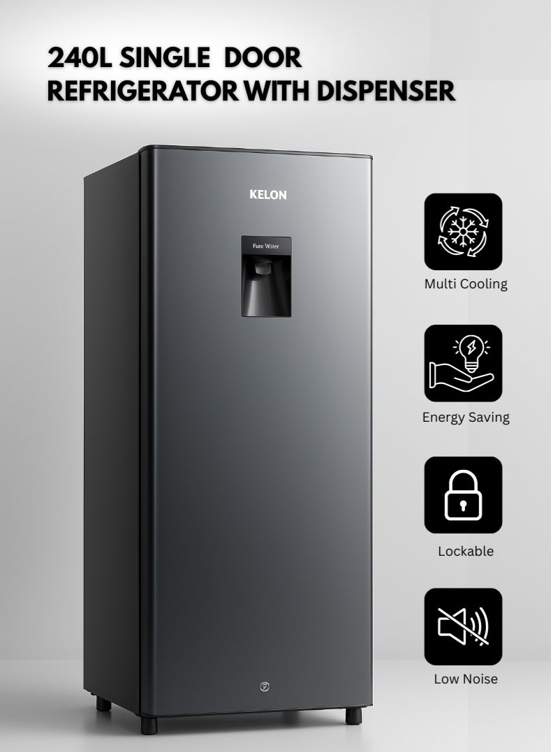 KELON 240 Liters Single Door Refrigerator with Built-in Water Dispenser, Compact Energy Efficient Fridge for Home, Office, or Apartment – Spacious Storage with Glass Shelves, Large Vegetable Crisper, Low Noise Operation, Eco-Friendly Cooling Technology, Durable Silver Finish – Model KRS-24DRS KRS-24DRS Silver - Image 1