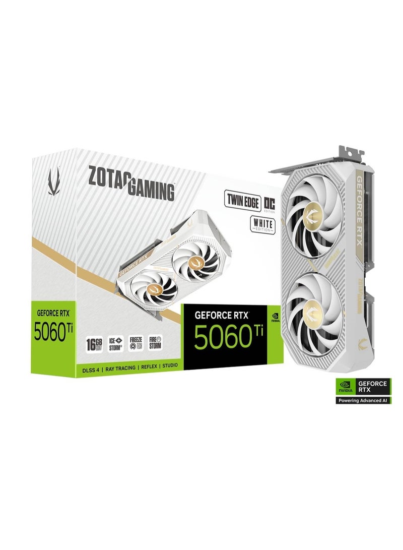 ZOTAC GAMING GeForce RTX 5060 Ti 16GB GDDR7 Graphics Card, Twin Edge OC White Edition, 4608 CUDA Cores, 2602MHz Boost, 128-bit, IceStorm 2.0 Dual Fans, 3x DisplayPort 2.1b, 1x HDMI 2.1b, DLSS 4 & Ray Tracing, Compact SFF GPU, White | ZT-B50620Q-10M - Image 1