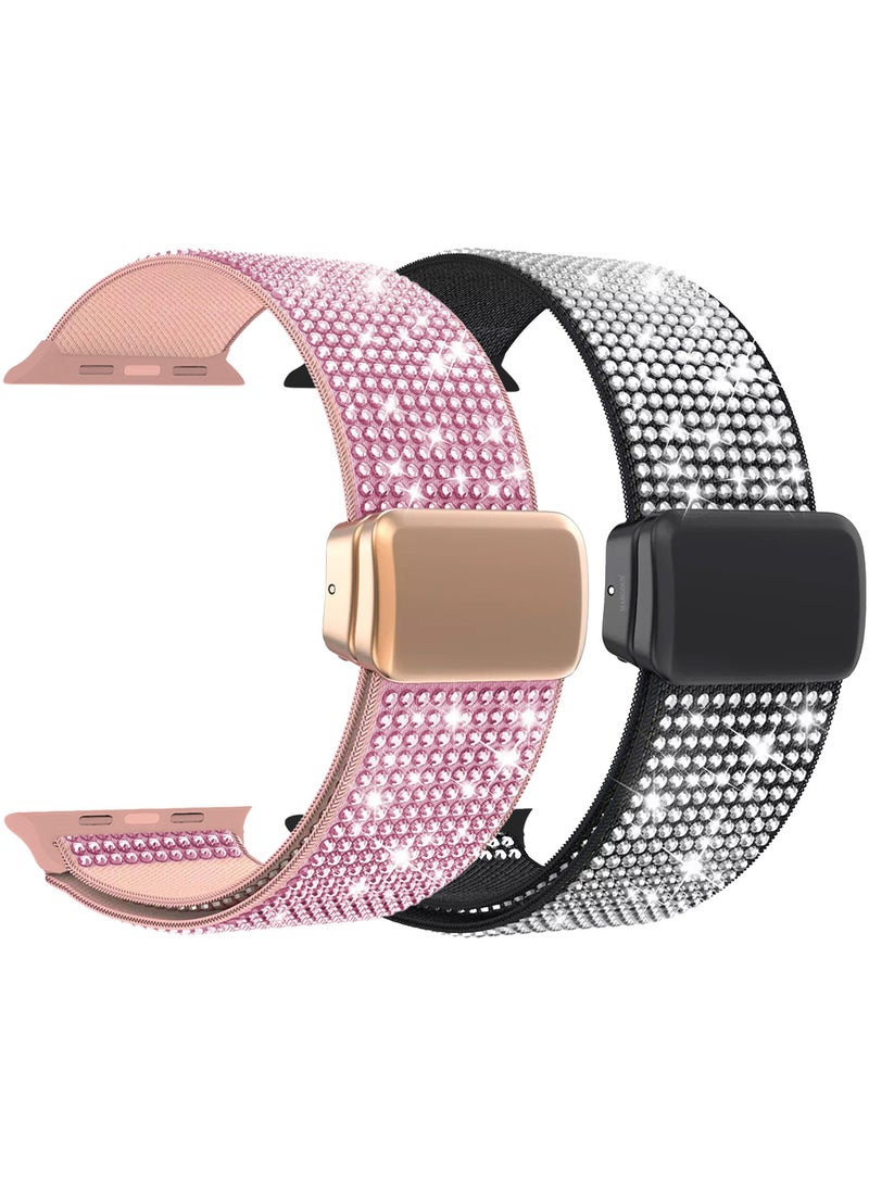 MARGOUN 2Packs 44mm 45mm 49mm Elastic Band for Apple Watch Series 1-9, SE & Ultra - Rhinestone Sparkle Watch Band Multicolour-2 - Image 1