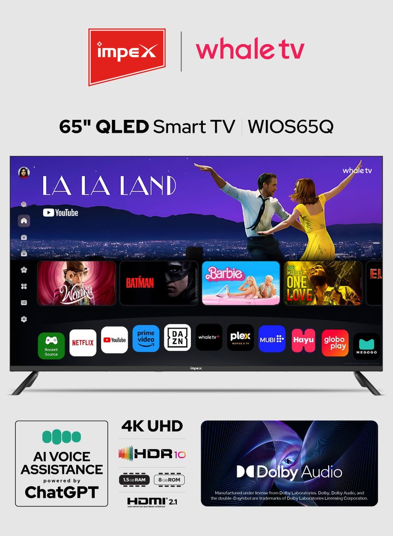 Impex WhaleOS 65 Inch Smart QLED TV | 4K Ultra HD | AI Voice Assistant with ChatGPT | Netflix, YouTube, Prime Video, Disney+ | HDMI, USB, Audio Input, Video Input, RJ45 Input | 8 GB Storage, 1.5 GB RAM | Wios65Q Wios65Q black - Image 1