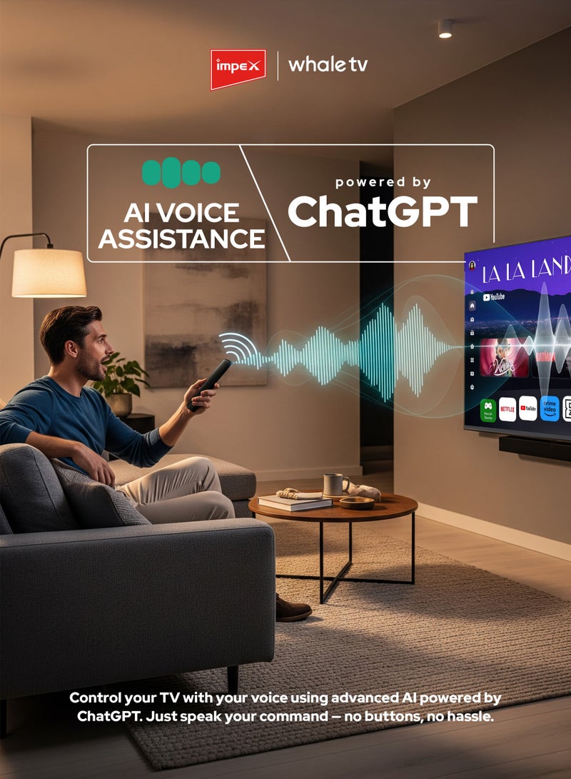 Impex WhaleOS 65 Inch Smart QLED TV | 4K Ultra HD | AI Voice Assistant with ChatGPT | Netflix, YouTube, Prime Video, Disney+ | HDMI, USB, Audio Input, Video Input, RJ45 Input | 8 GB Storage, 1.5 GB RAM | Wios65Q Wios65Q black - Image 3