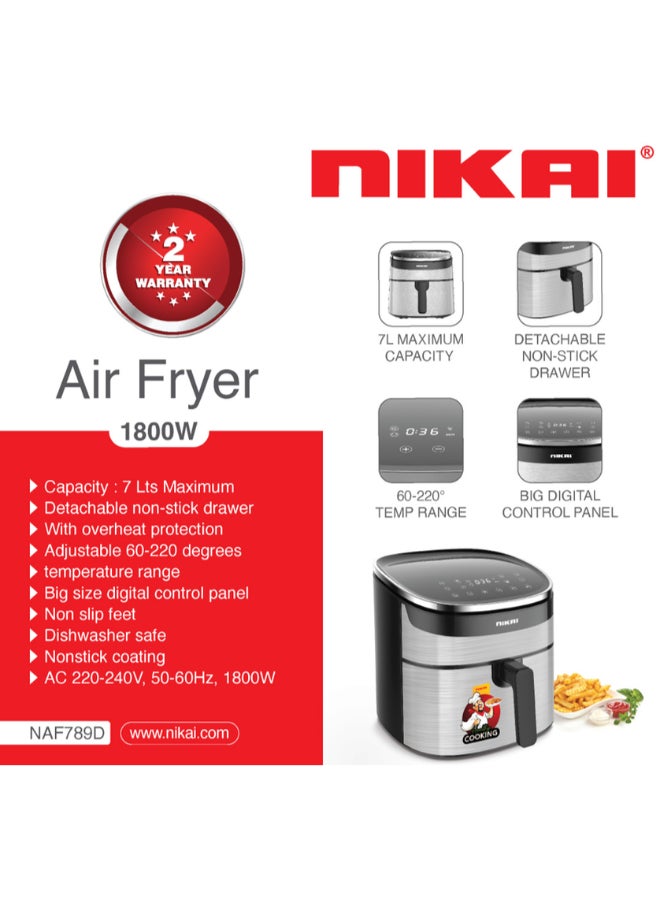 نيكاي 7L Digital Air Fryer, 1800 Watts, Non Stick Detachable Drawer, Overheat Protection, Dishwasher Safe, Naf789D 7 L 1800 W NAF789D Silver - Image 3