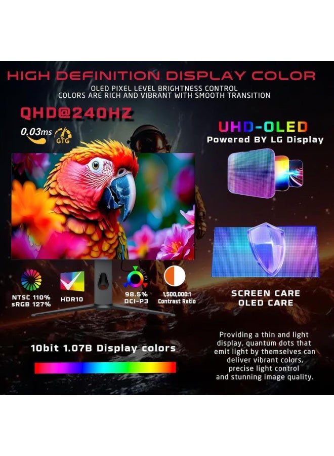 GAMEON 27″ OLED QHD Gaming Monitor – 240 Hz, 0.03 ms, HDMI 2.1, DP 1.4, USB-C 65 W, HDR10, FreeSync, G-Sync, 10-Bit, 98.5% DCI-P3, KVM, RGB, Adjustable Stand Black - Image 4