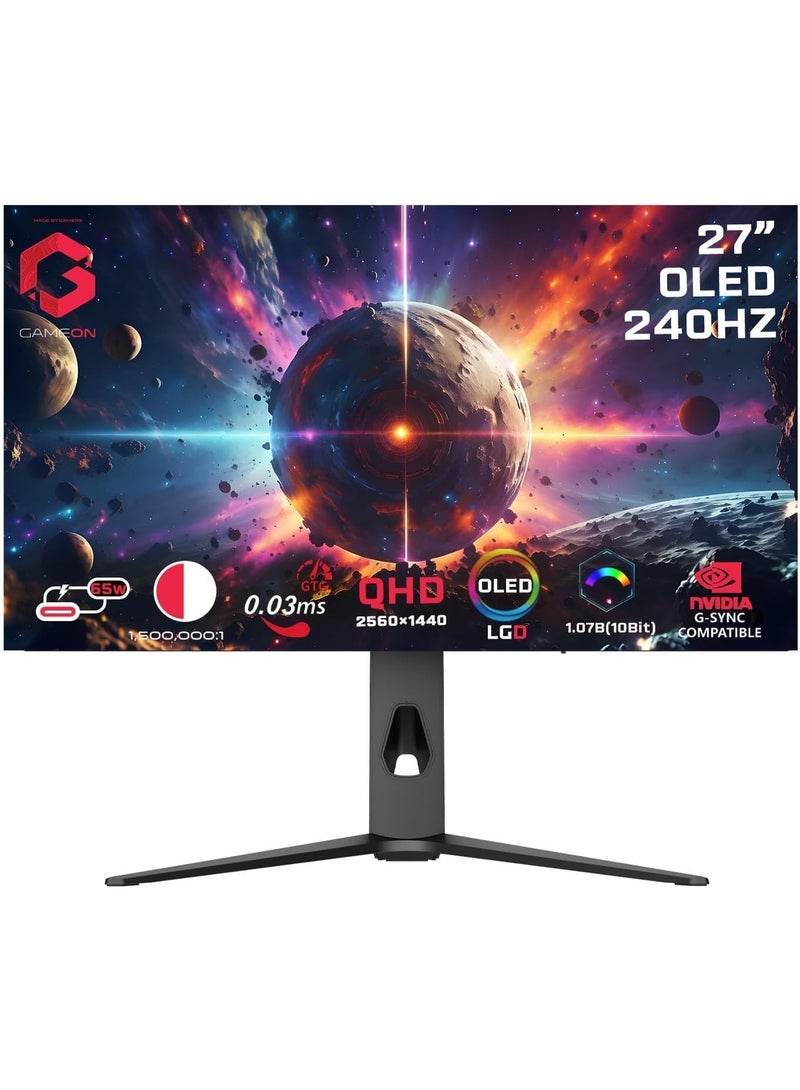 GAMEON 27″ OLED QHD Gaming Monitor – 240 Hz, 0.03 ms, HDMI 2.1, DP 1.4, USB-C 65 W, HDR10, FreeSync, G-Sync, 10-Bit, 98.5% DCI-P3, KVM, RGB, Adjustable Stand Black - Image 1