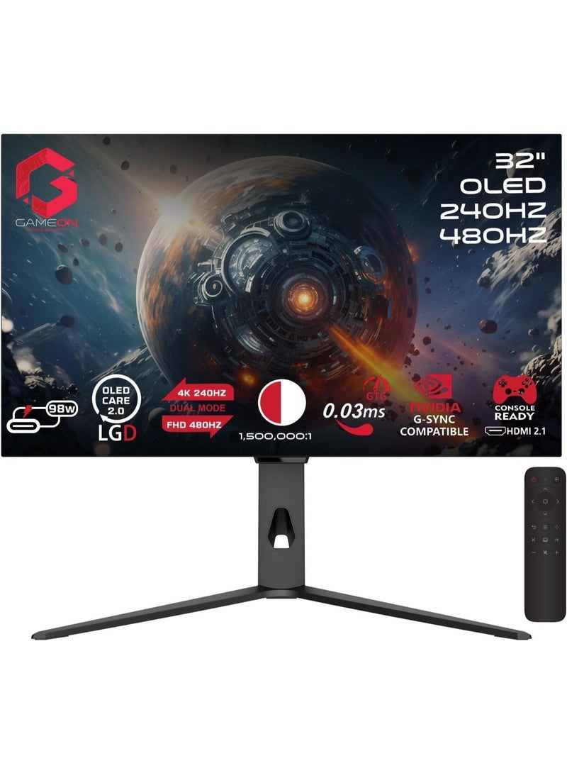 GAMEON 32″ OLED Gaming Monitor, 4K 240Hz / FHD 480Hz, 0.03ms, HDMI 2.1, DP 1.4, USB-C 90W, HDR10, FreeSync, G-Sync, 10-Bit, 98.5% DCI-P3, KVM, RGB, Adjustable Stand black - Image 1