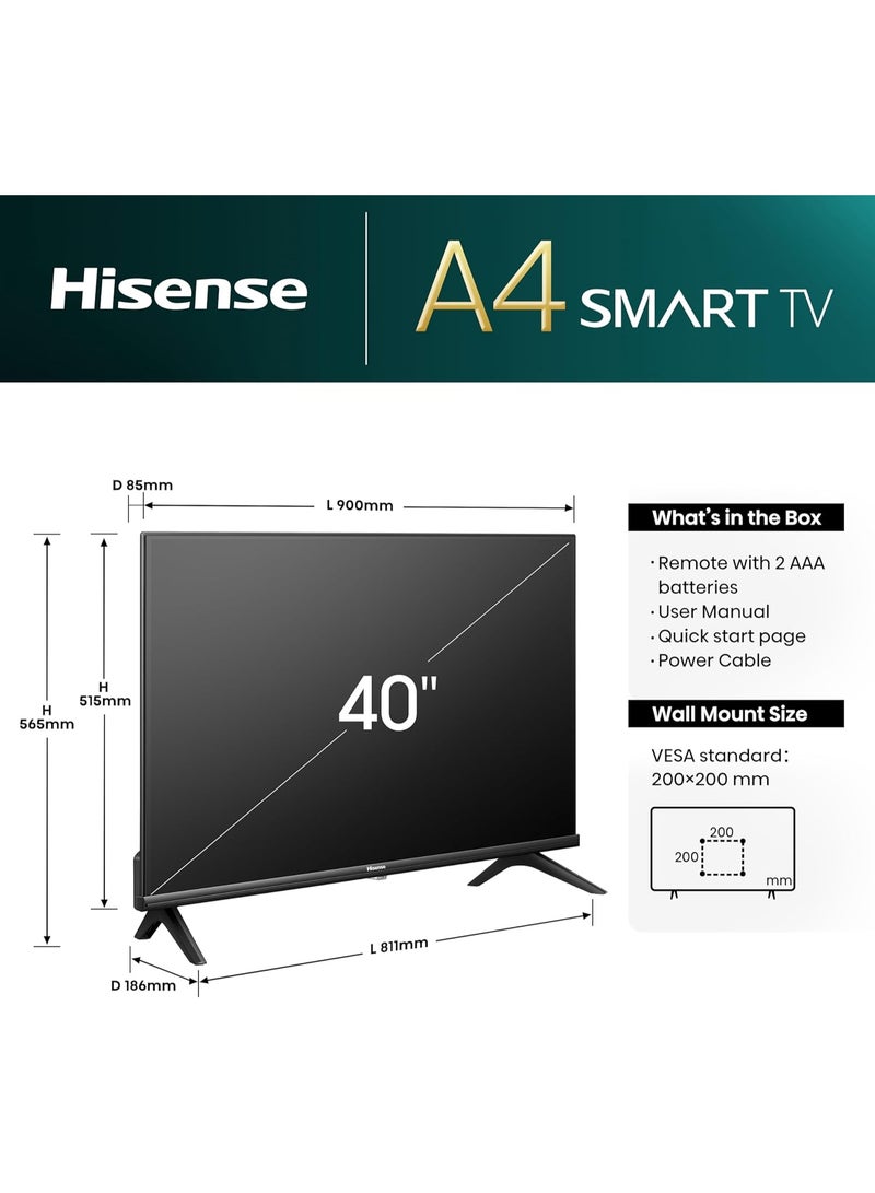 Hisense 40 Inch Full HD Smart TV – VIDAA OS, Natural Color Enhancer, Game Mode, Dolby Audio, Screen Mirroring, Noise Reduction, HDMI ARC, Wi-Fi, YouTube, Netflix - 2025 40A4Q Black - Image 2