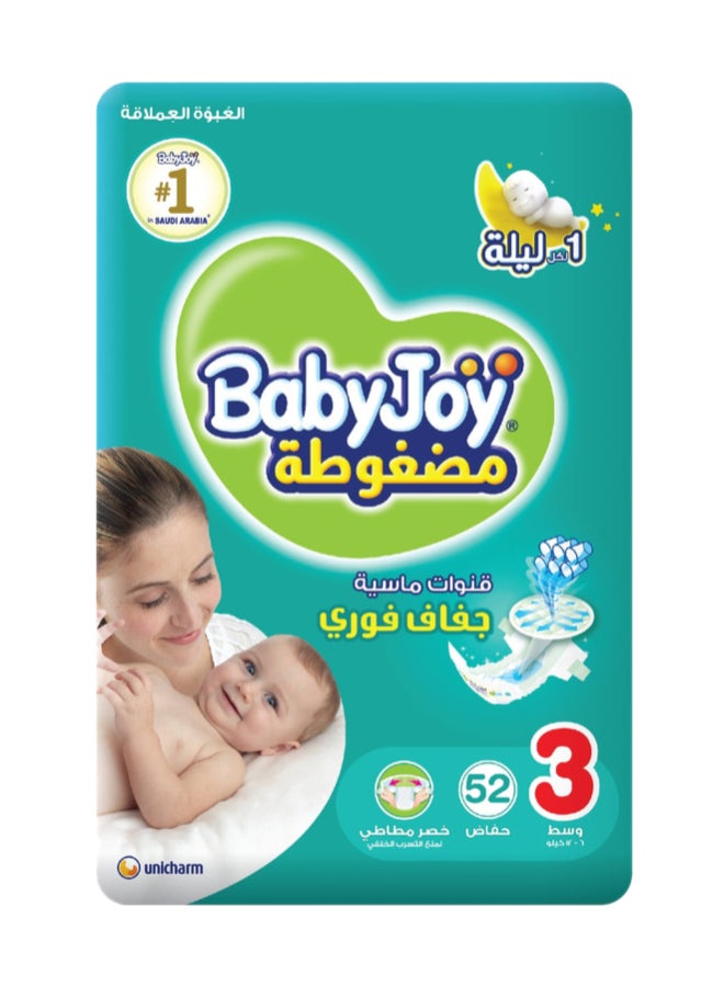 Compressed Diamond Pad Diaper, Size 3, Medium, 6-12 Kg, Jumbo Pack, 52 Diapers