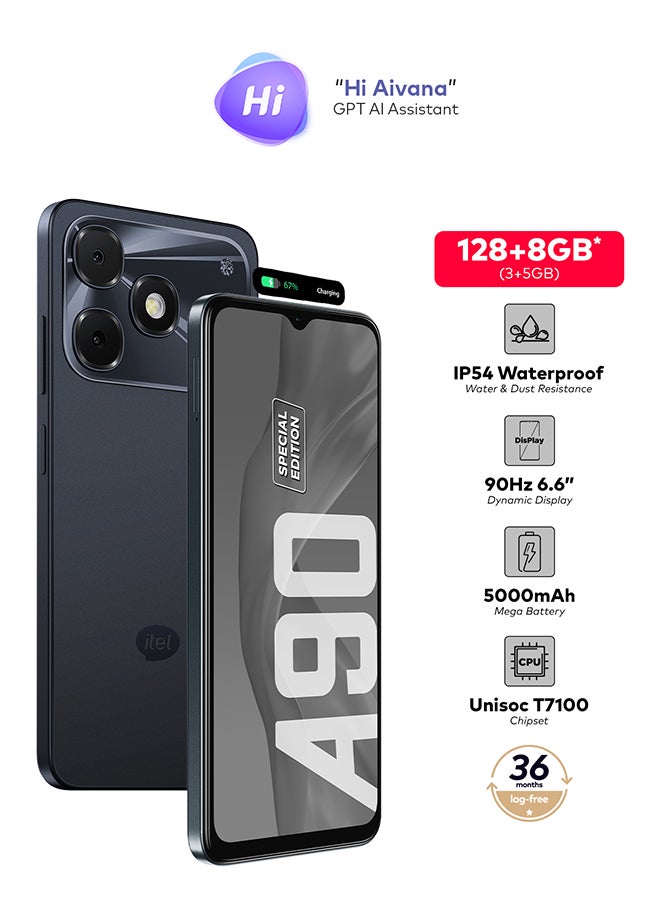 إيتيل A90 إصدار خاص أسود مضيء 3+5 جيجابايت رام 128 جيجابايت 4G - نسخة الشرق الأوسط - Image 2