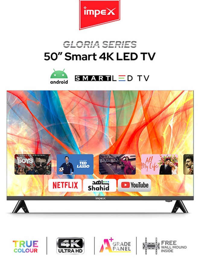 Impex 50-Inch 4K UHD Smart LED TV - Latest Android Version, Quad Core Television, Frameless, A+ Panel, Wi-Fi, 3 HDMI, 2 USB, RJ45, DVB-T2, 3840x2160, Slim, 2 Year Warranty - GLORIA 50 UHD SMART NEW Black IX50UHDS, GLORIA 50 UHD SMART NEW Black - Image 1