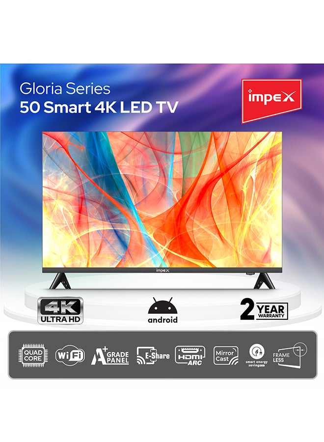 Impex 50-Inch 4K UHD Smart LED TV - Latest Android Version, Quad Core Television, Frameless, A+ Panel, Wi-Fi, 3 HDMI, 2 USB, RJ45, DVB-T2, 3840x2160, Slim, 2 Year Warranty - GLORIA 50 UHD SMART NEW Black IX50UHDS, GLORIA 50 UHD SMART NEW Black - Image 2