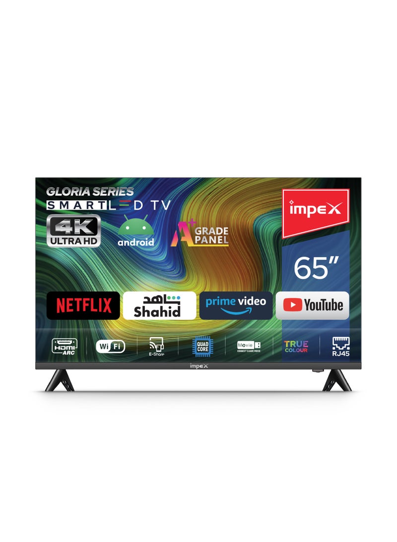 Impex 65-Inch 4K UHD Smart LED TV - Latest Android Version, Quad Core, Frameless, A+ Panel, Wi-Fi, 3 HDMI, 2 USB, RJ45, 3840x2160 Resolution, Smart Energy Saving, 2 Year Warranty - Gloria 65 UHD Smart Black - Image 2