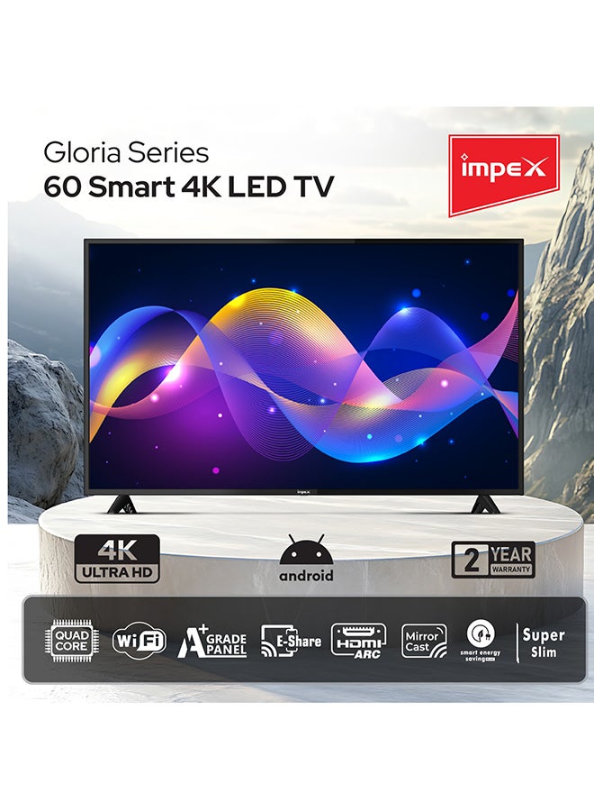 Impex 60-Inch 4K UHD Smart LED TV - Latest Android Version, Quad Core, A+ Panel, Wi-Fi, 3 HDMI, 2 USB, RJ45, DVB-T2, 3840x2160 Resolution, 176° View, Slim Design, 2 Year Warranty - GLORIA 60 UHD SMART Black - Image 3